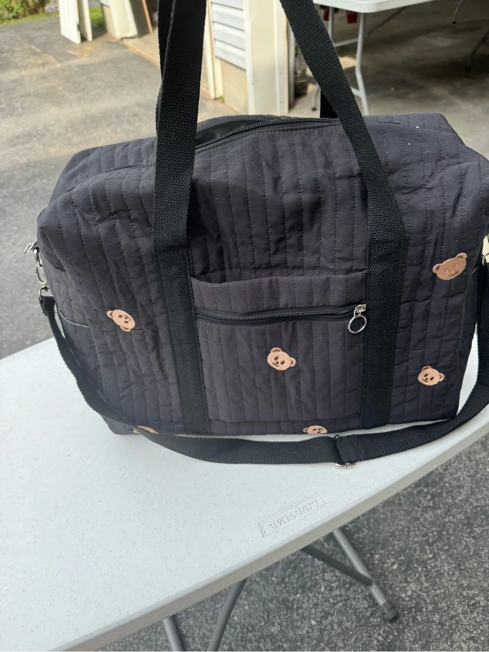Black Quilted Diaper Bag Tote with Bear Embroidery - Insulated bottle pockets